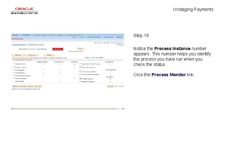 Unstaging Payments Step 19 Notice the Process Instance number appears. This number helps you