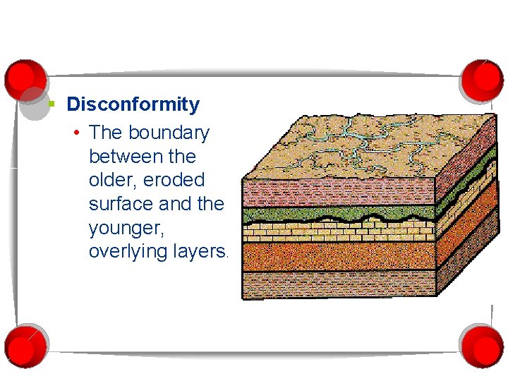 § Disconformity • The boundary between the older, eroded surface and the younger, overlying