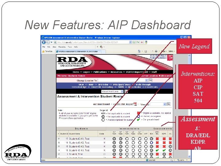 New Features: AIP Dashboard New Legend Interventions: AIP CIP SAT 504 Assessment s: DRA/EDL