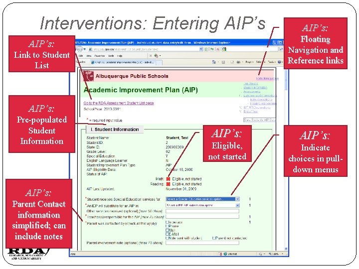 Interventions: Entering AIP’s: Floating Navigation and Reference links AIP’s: Link to Student List AIP’s: