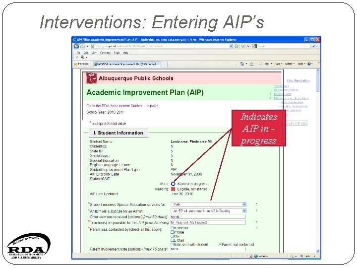 Interventions: Entering AIP’s Indicates AIP in progress 