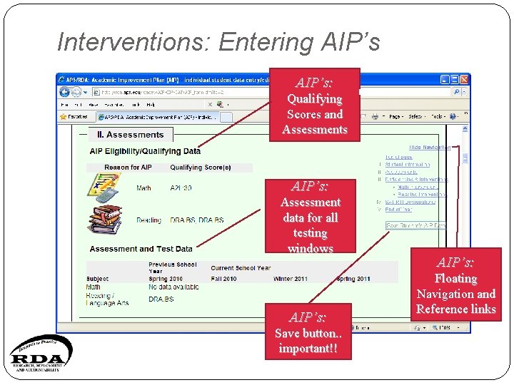 Interventions: Entering AIP’s: Qualifying Scores and Assessments AIP’s: Assessment data for all testing windows