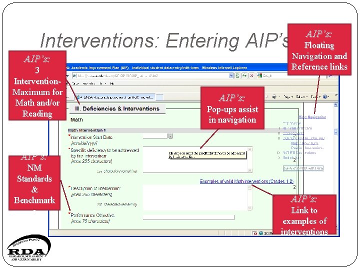 Interventions: Entering AIP’s Floating Navigation and Reference links AIP’s: 3 Intervention. Maximum for Math