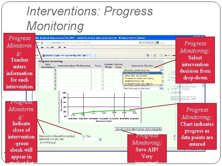 Interventions: Progress Monitoring Progress Monitorin g: Progress Monitoring: Select intervention decision from drop-down Teacher