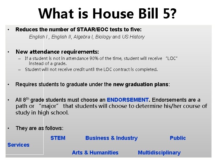 What is House Bill 5? • Reduces the number of STAAR/EOC tests to five: