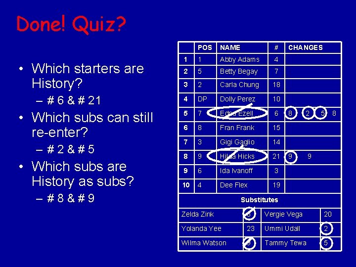 Done! Quiz? • Which starters are History? – # 6 & # 21 •