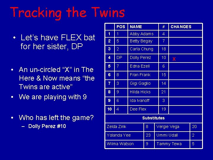 Tracking the Twins • Let’s have FLEX bat for her sister, DP • An