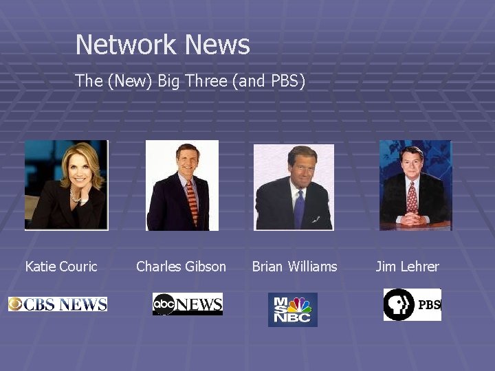 Network News The (New) Big Three (and PBS) Katie Couric Charles Gibson Brian Williams