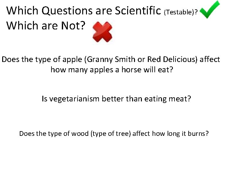 Which Questions are Scientific (Testable)? Which are Not? Does the type of apple (Granny