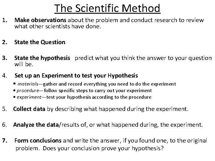 The Scientific Method 1. Make observations about the problem and conduct research to review
