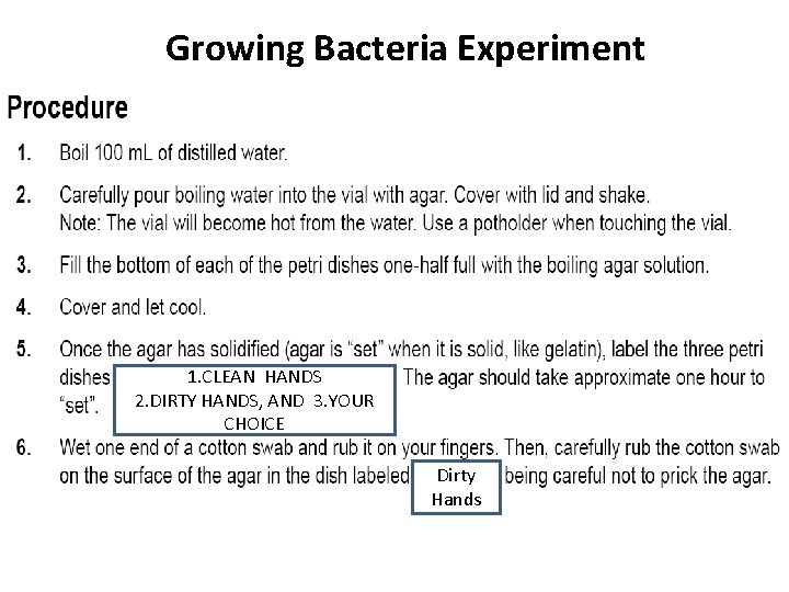 Growing Bacteria Experiment 1. CLEAN HANDS 2. DIRTY HANDS, AND 3. YOUR CHOICE Dirty