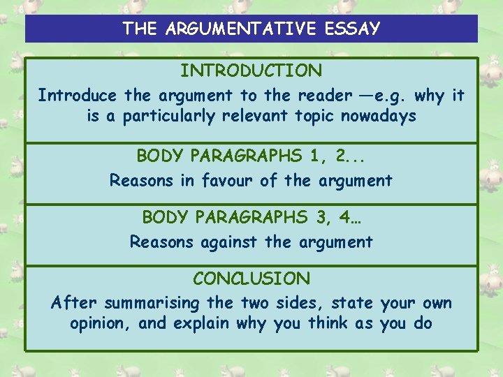 THE ARGUMENTATIVE ESSAY INTRODUCTION Introduce the argument to the reader ―e. g. why it