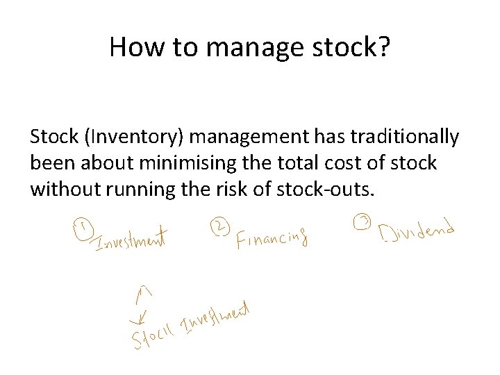 How to manage stock? Stock (Inventory) management has traditionally been about minimising the total