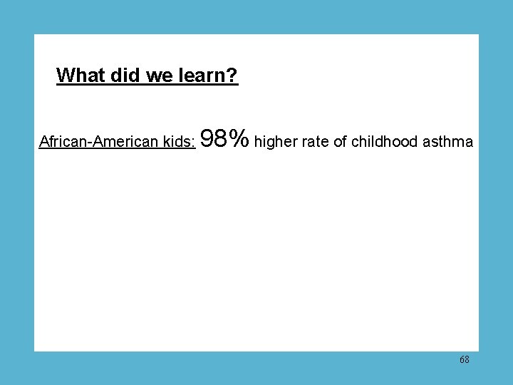 What did we learn? African-American kids: 98% higher rate of childhood asthma 68 