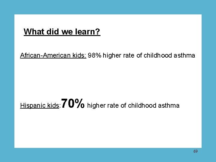 What did we learn? African-American kids: 98% higher rate of childhood asthma Hispanic kids: