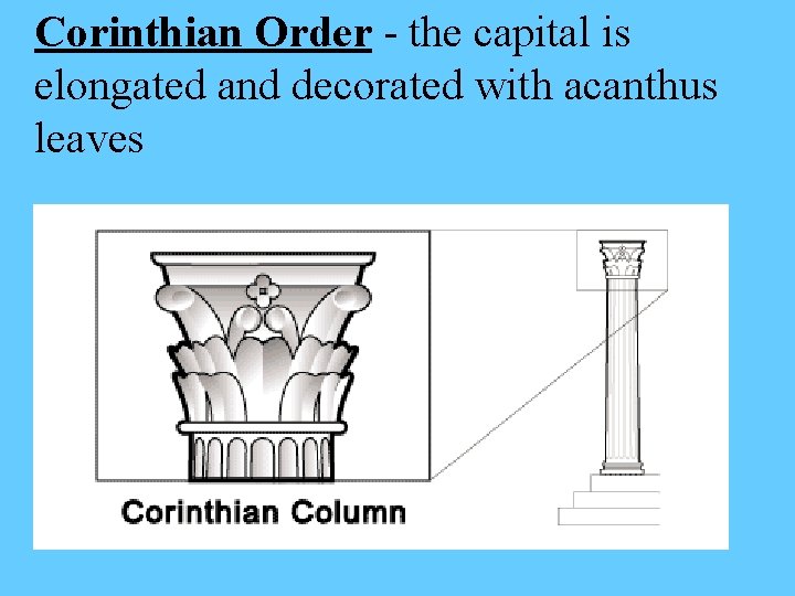 Corinthian Order - the capital is elongated and decorated with acanthus leaves 