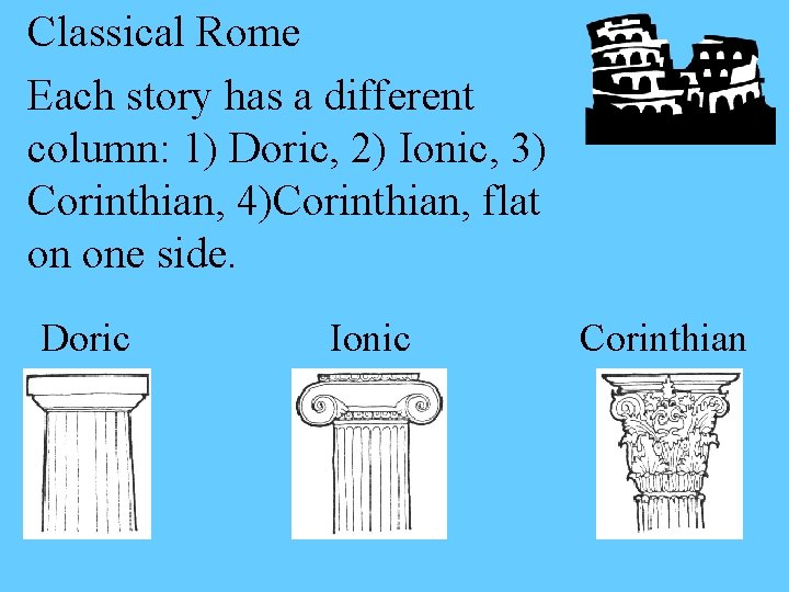 Classical Rome Each story has a different column: 1) Doric, 2) Ionic, 3) Corinthian,