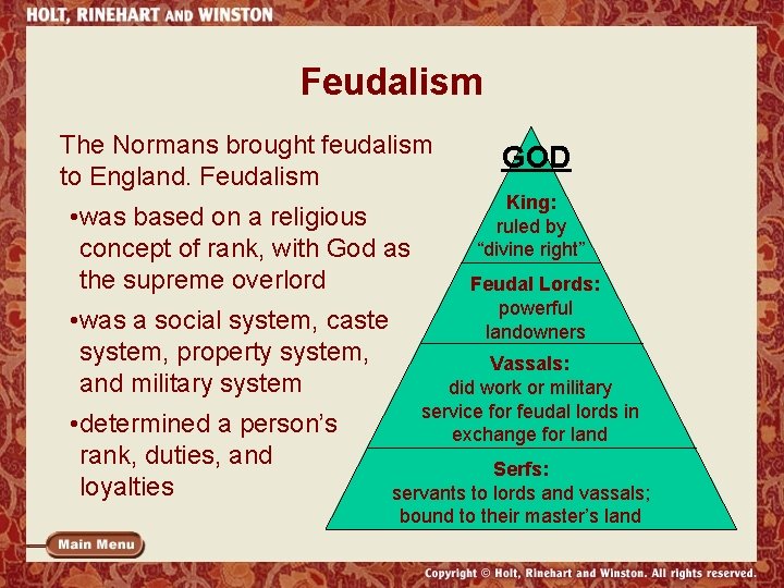 Feudalism The Normans brought feudalism to England. Feudalism • was based on a religious