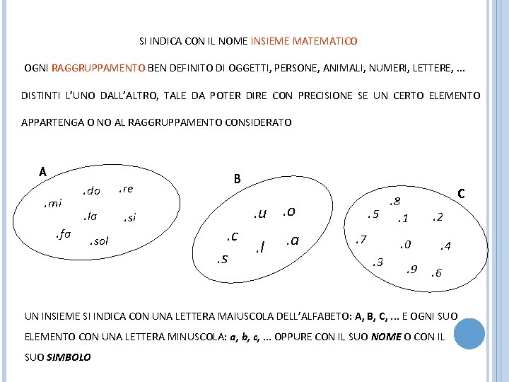 SI INDICA CON IL NOME INSIEME MATEMATICO OGNI RAGGRUPPAMENTO BEN DEFINITO DI OGGETTI, PERSONE,