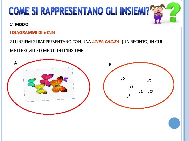 1° MODO: I DIAGRAMMI DI VENN GLI INSIEMI SI RAPPRESENTANO CON UNA LINEA CHIUSA