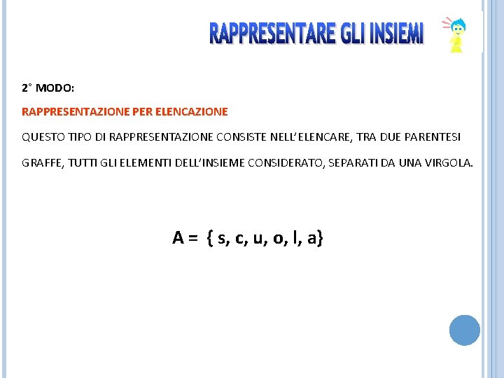 2° MODO: RAPPRESENTAZIONE PER ELENCAZIONE QUESTO TIPO DI RAPPRESENTAZIONE CONSISTE NELL’ELENCARE, TRA DUE PARENTESI