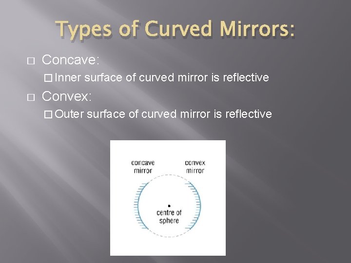 Types of Curved Mirrors: � Concave: � Inner � surface of curved mirror is