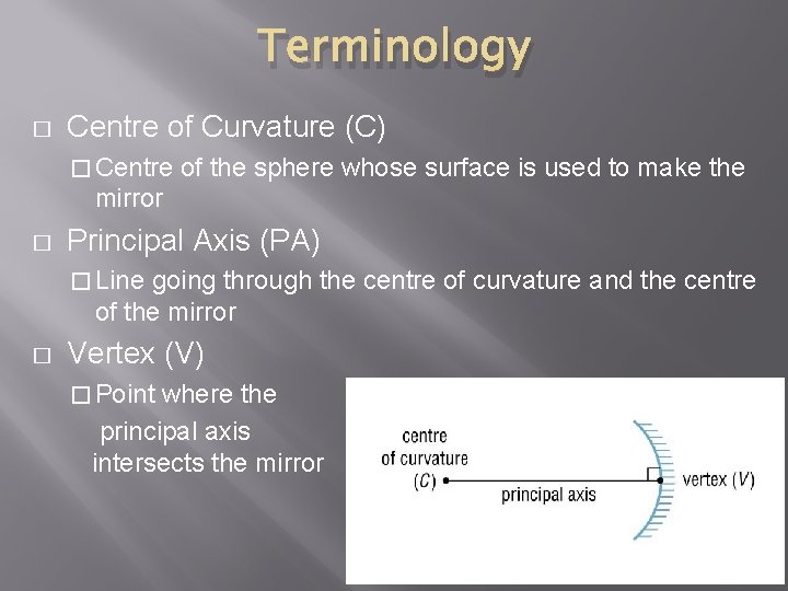 Terminology � Centre of Curvature (C) � Centre of the sphere whose surface is