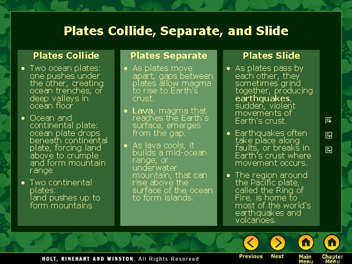 Plates Collide, Separate, and Slide Plates Collide • Two ocean plates: one pushes under