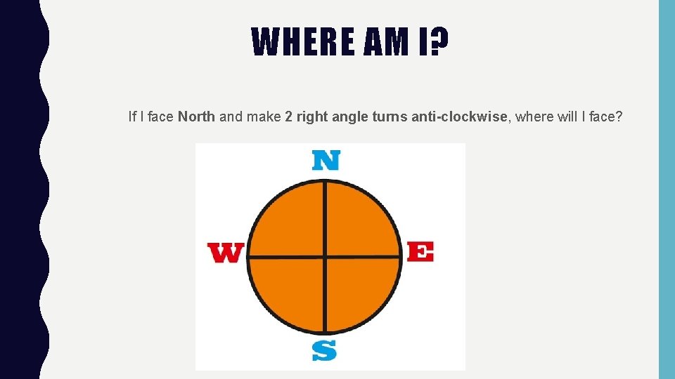 WHERE AM I? If I face North and make 2 right angle turns anti-clockwise,