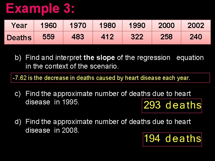 Example 3: Year 1960 1970 1980 1990 2002 Deaths 559 483 412 322 258