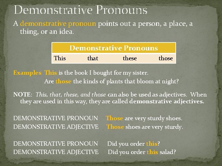 Demonstrative Pronouns A demonstrative pronoun points out a person, a place, a thing, or