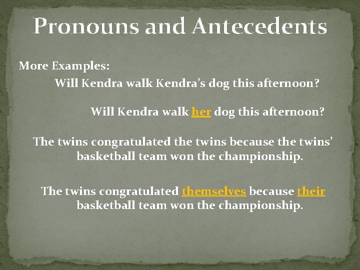 Pronouns and Antecedents More Examples: Will Kendra walk Kendra’s dog this afternoon? Will Kendra