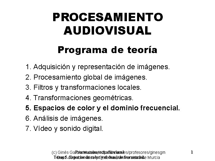 PROCESAMIENTO AUDIOVISUAL Programa de teoría 1. Adquisición y representación de imágenes. 2. Procesamiento global