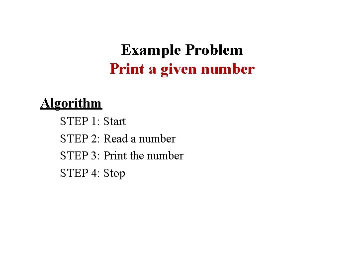 Example Problem Print a given number Algorithm STEP 1: Start STEP 2: Read a