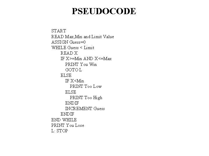 PSEUDOCODE START READ Max, Min and Limit Value ASSIGN Guess=0 WHILE Guess < Limit