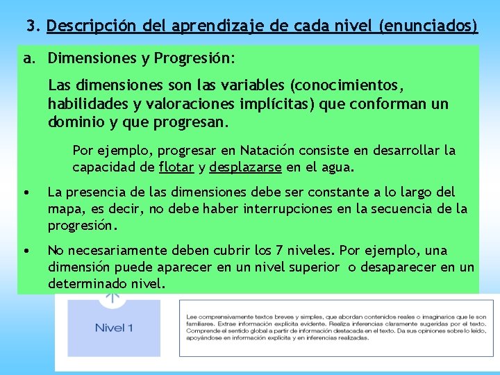 3. Descripción del aprendizaje de cada nivel (enunciados) a. Dimensiones y Progresión: Las dimensiones