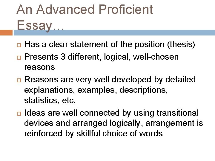 An Advanced Proficient Essay… Has a clear statement of the position (thesis) Presents 3