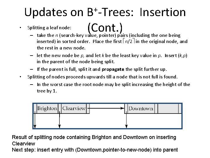 Updates on B+-Trees: Insertion • Splitting a leaf node: (Cont. ) – take the