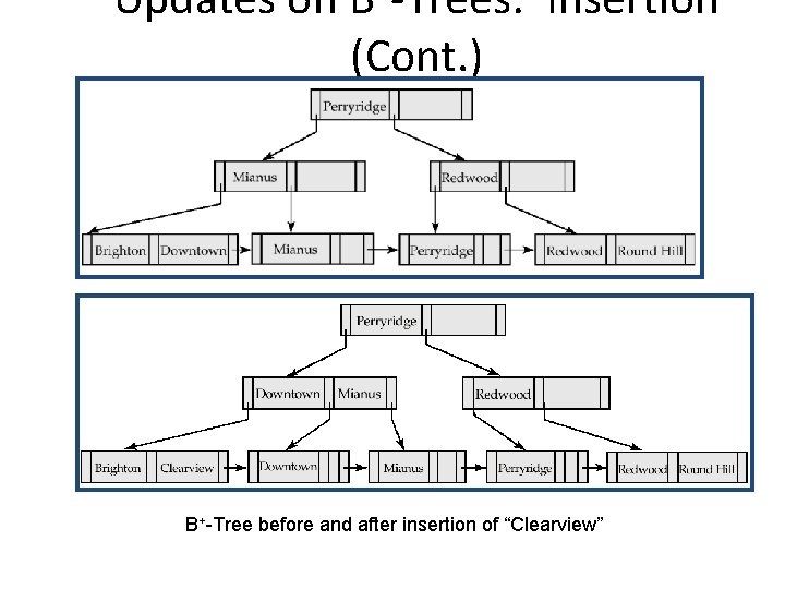 Updates on B -Trees: Insertion (Cont. ) B+-Tree before and after insertion of “Clearview”