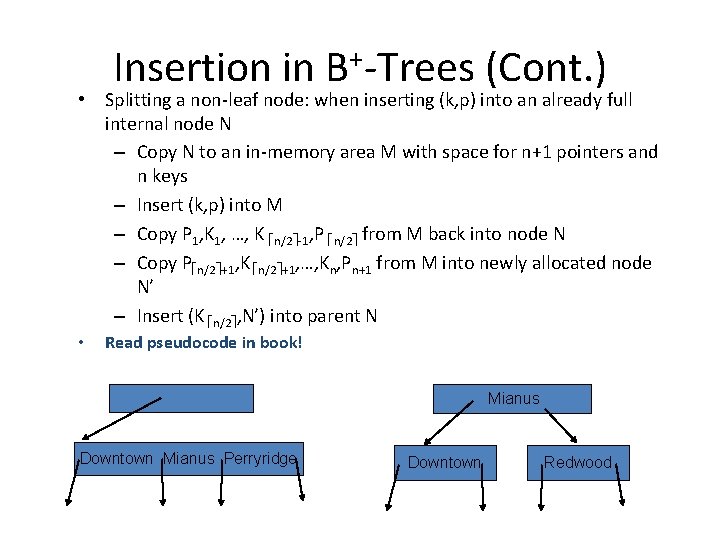 Insertion in B+-Trees (Cont. ) • Splitting a non-leaf node: when inserting (k, p)