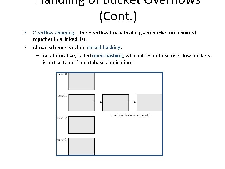 Handling of Bucket Overflows (Cont. ) • • Overflow chaining – the overflow buckets