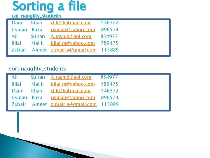 Sorting a file cat naughty_students Daud Khan d. k@hotmail. com Usman Raza usman@yahoo. com