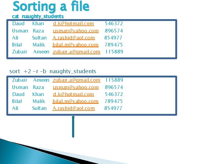 Sorting a file cat naughty_students Daud Khan d. k@hotmail. com Usman Raza usman@yahoo. com