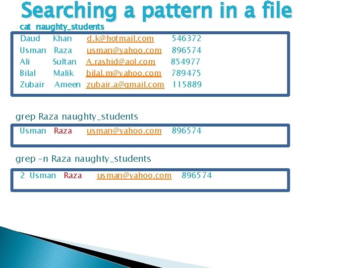 Searching a pattern in a file cat naughty_students Daud Khan d. k@hotmail. com Usman