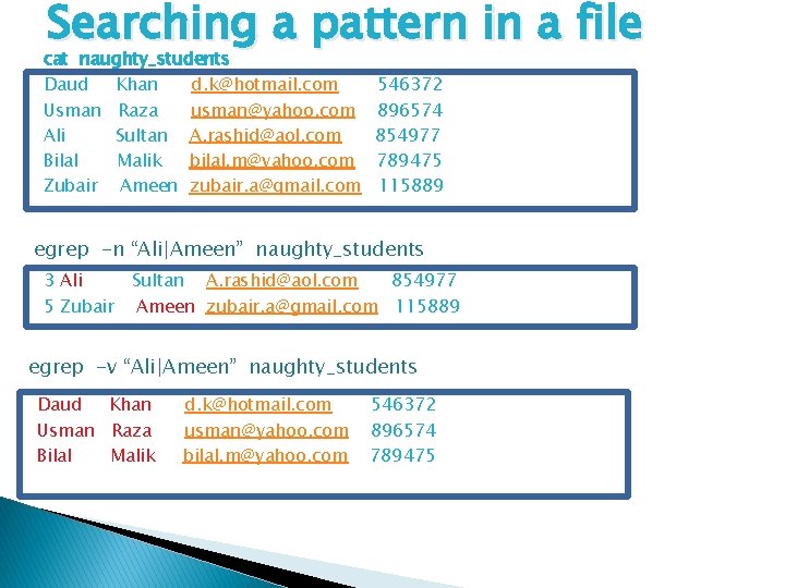 Searching a pattern in a file cat naughty_students Daud Khan d. k@hotmail. com Usman