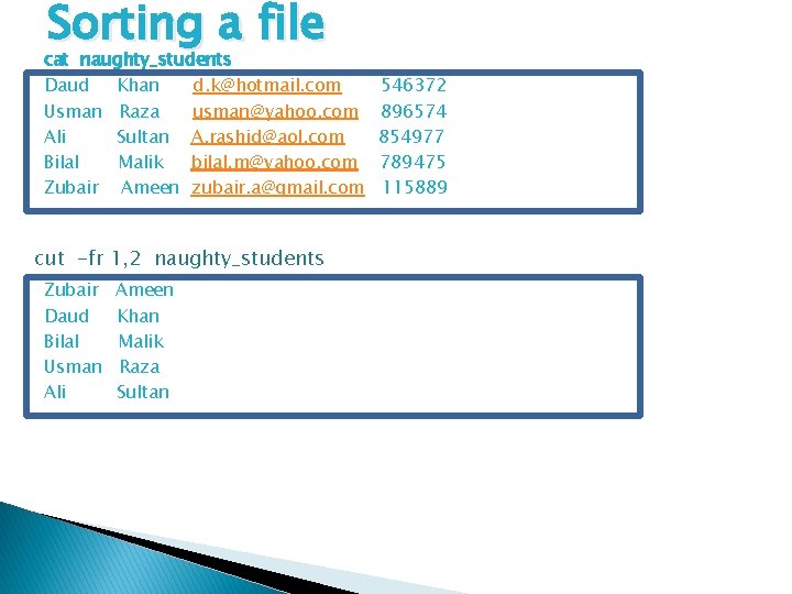 Sorting a file cat naughty_students Daud Khan d. k@hotmail. com Usman Raza usman@yahoo. com