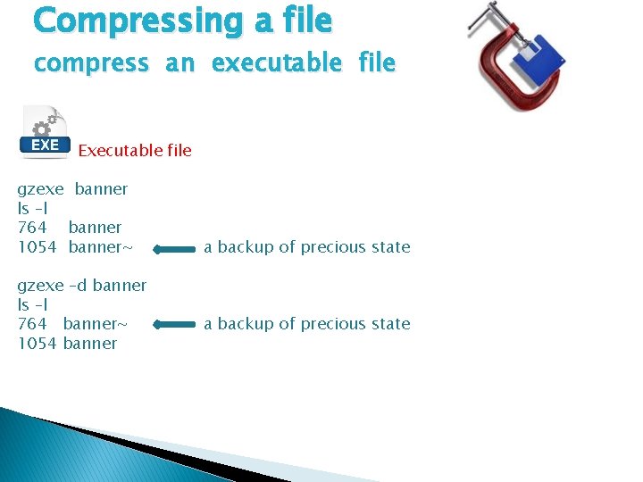 Compressing a file compress an executable file Executable file gzexe banner ls –l 764