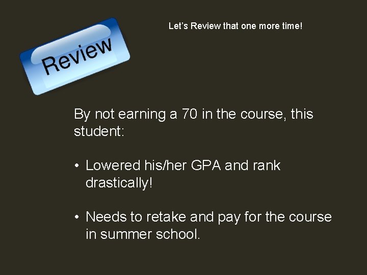 Let’s Review that one more time! By not earning a 70 in the course,