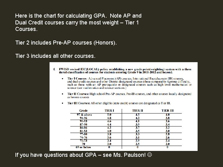 Here is the chart for calculating GPA. Note AP and Dual Credit courses carry