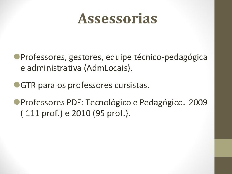 Assessorias Professores, gestores, equipe técnico-pedagógica e administrativa (Adm. Locais). GTR para os professores cursistas.